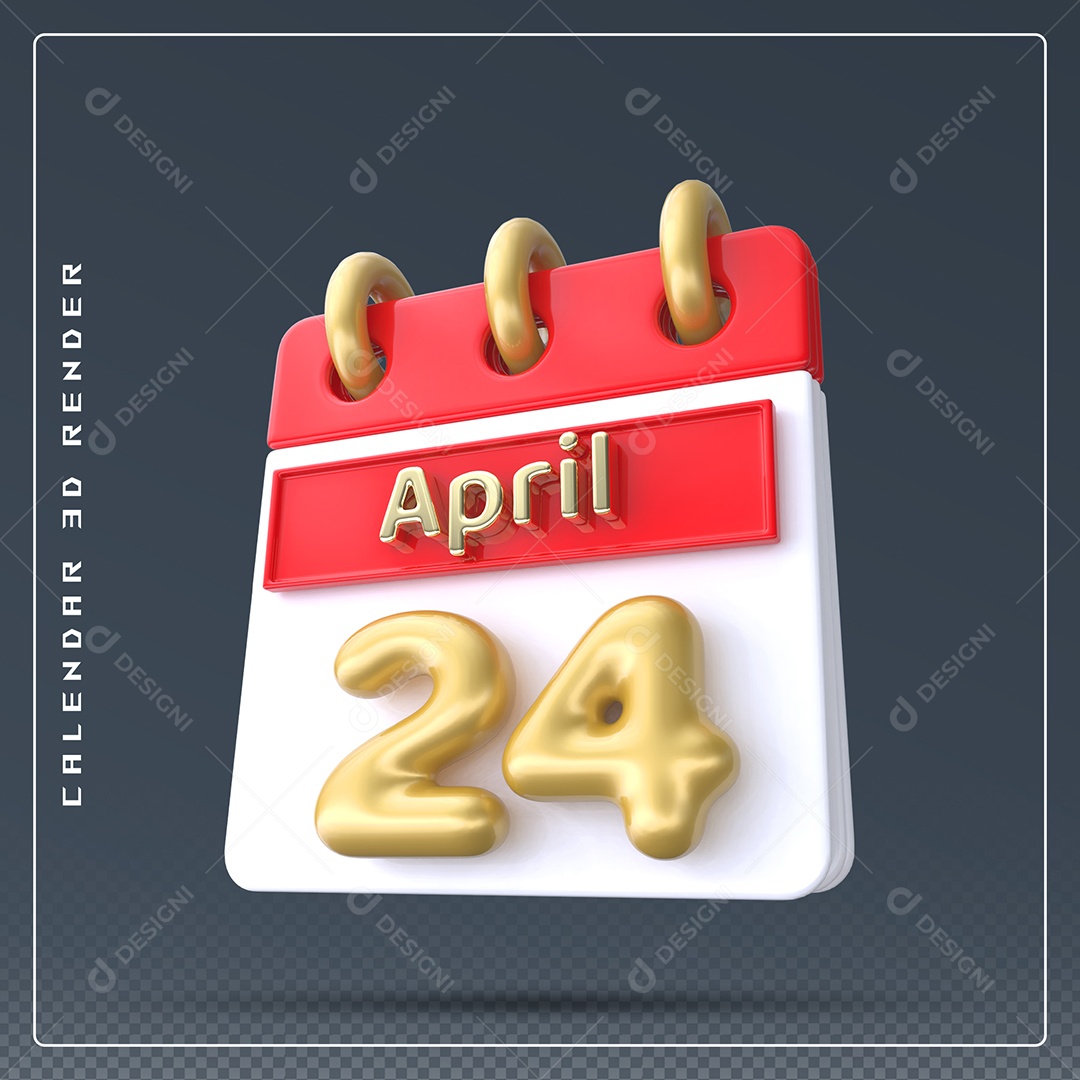 Calendário Do mês Abril Dia 24 Elemento 3D Vermelho Dourado e Branco Para Composição PSD