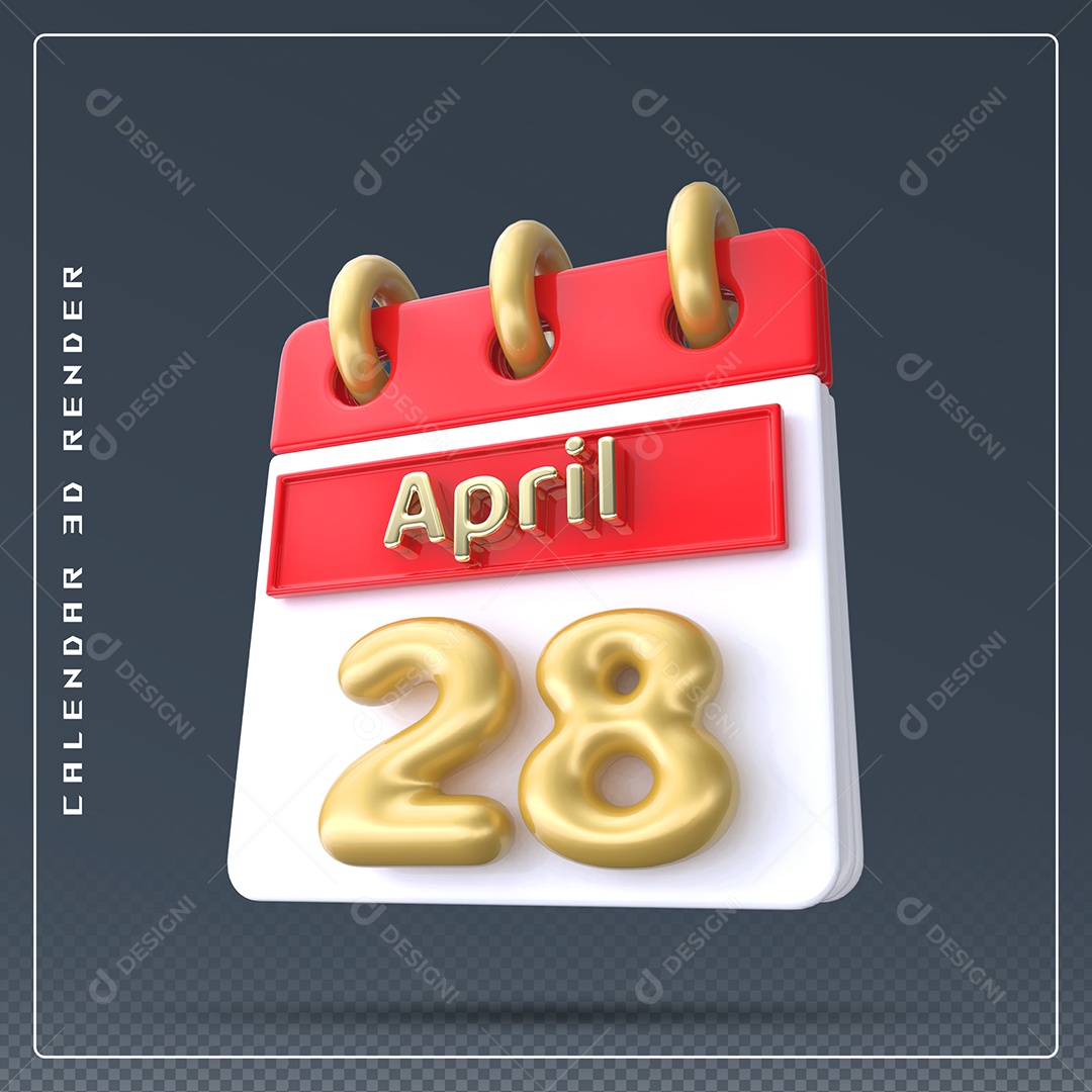 Calendário Do mês Abril Dia 28 Elemento 3D Vermelho Dourado e Branco Para Composição PSD