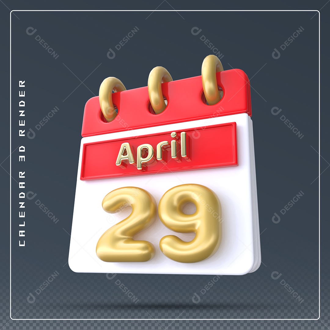 Calendário Do mês Abril Dia 29 Elemento 3D Vermelho Dourado e Branco Para Composição PSD