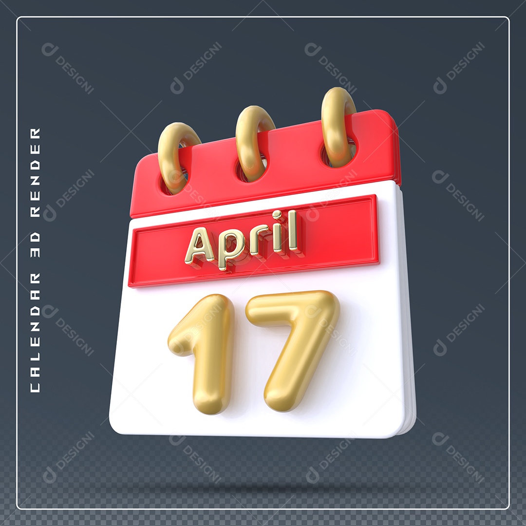 Calendário Do mês Abril Dia 17 Elemento 3D Vermelho Dourado e Branco Para Composição PSD