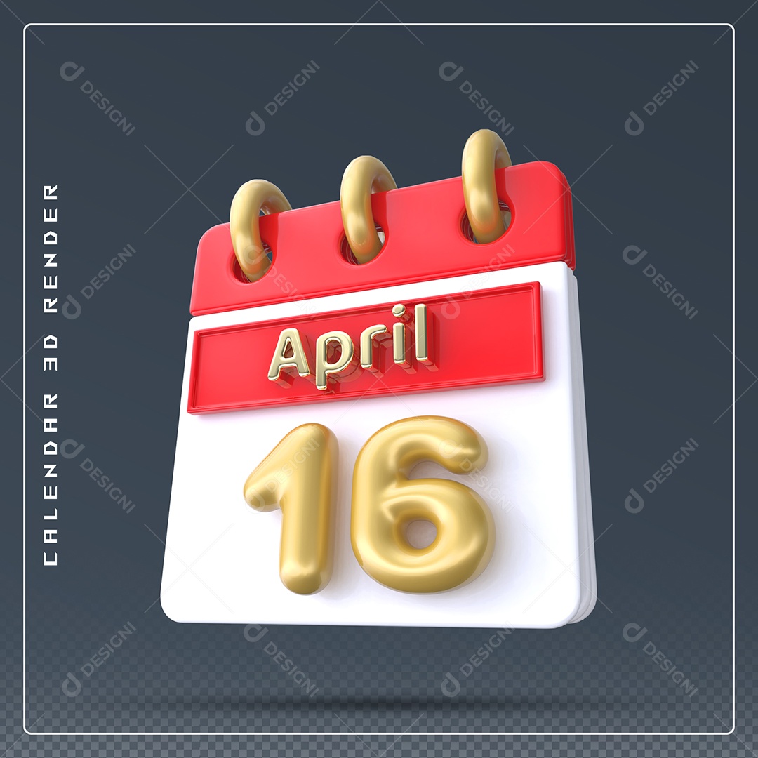 Calendário Do mês Abril Dia 16 Elemento 3D Vermelho Dourado e Branco Para Composição PSD