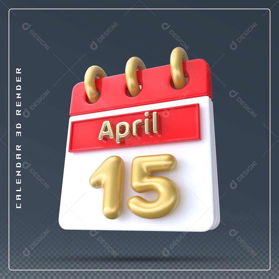 Calendário Do mês Abril Dia 15 Elemento 3D Vermelho Dourado e Branco Para Composição PSD