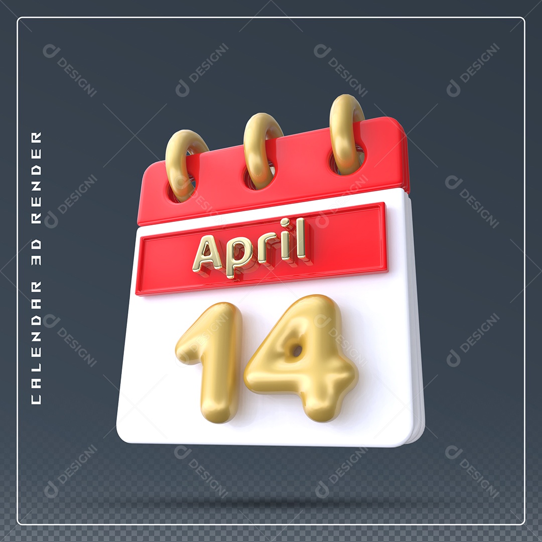 Calendário Do mês Abril Dia 14 Elemento 3D Vermelho Dourado e Branco Para Composição PSD