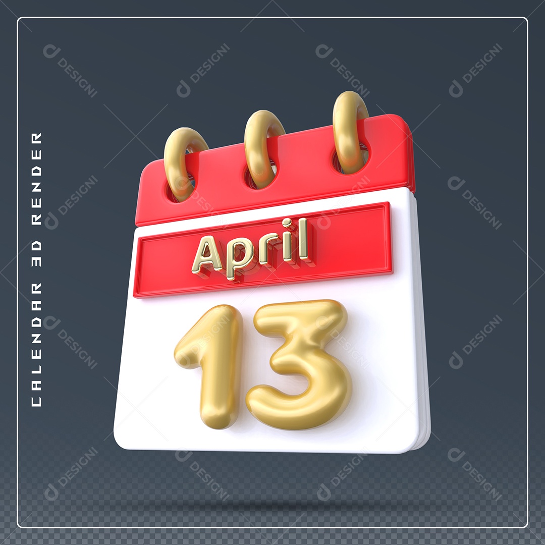 Calendário Do mês Abril Dia 13 Elemento 3D Vermelho Dourado e Branco Para Composição PSD