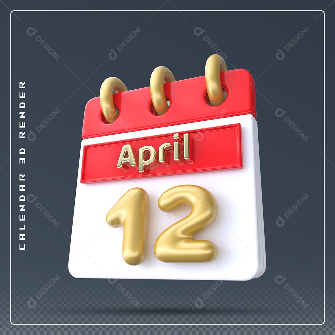 Calendário Do mês Abril Dia 12 Elemento 3D Vermelho Dourado e Branco Para Composição PSD