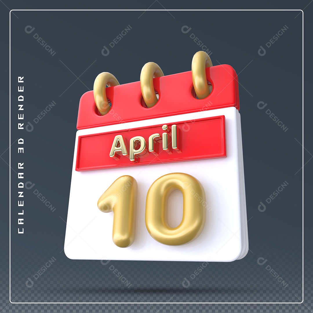 Calendário Do mês Abril Dia 10 Elemento 3D Vermelho Dourado e Branco Para Composição PSD