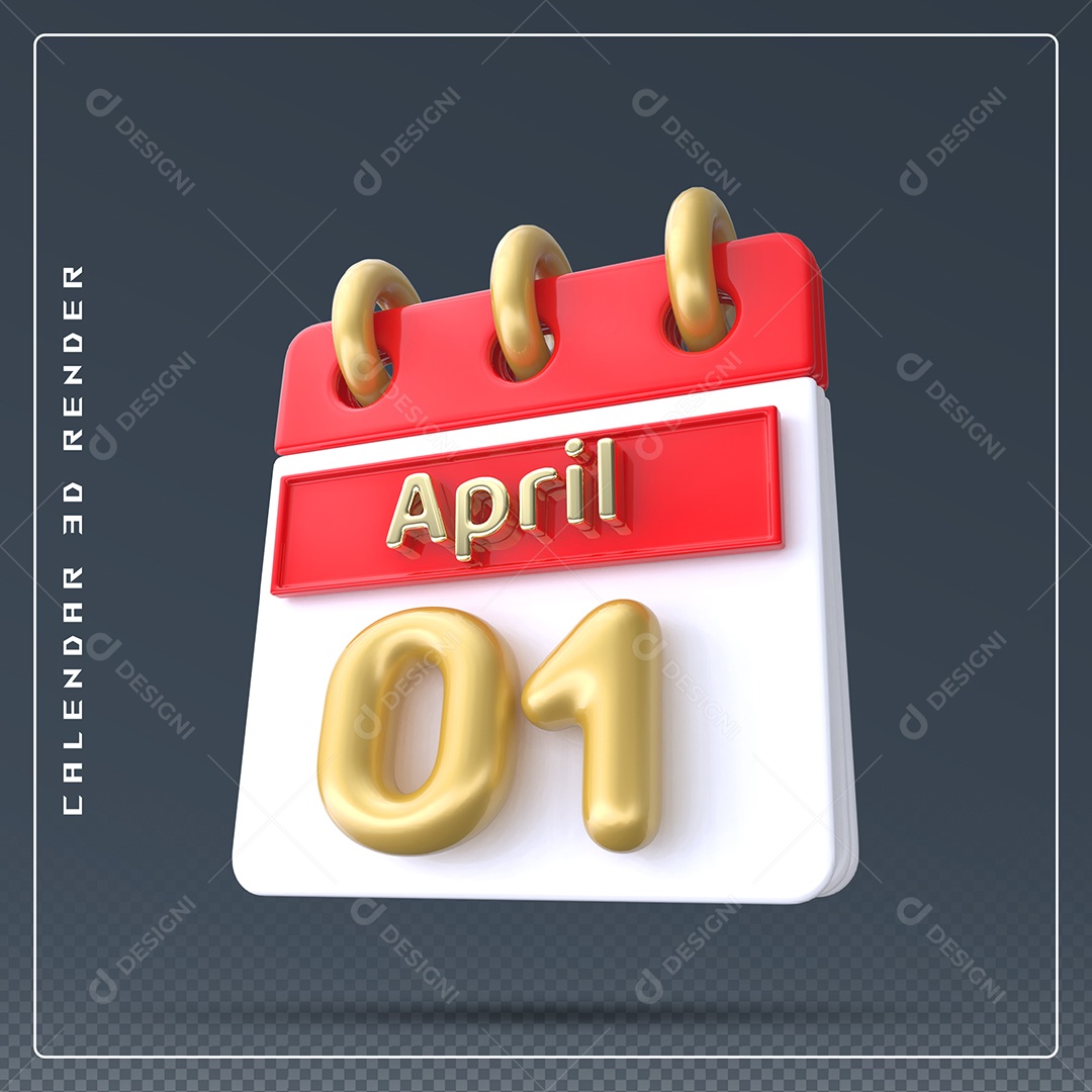 Calendário Do mês Abril Dia 01 Elemento 3D Vermelho Dourado e Branco Para Composição PSD