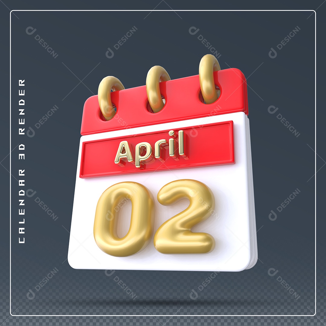 Calendário Do mês Abril Dia 02 Elemento 3D Vermelho Dourado e Branco Para Composição PSD
