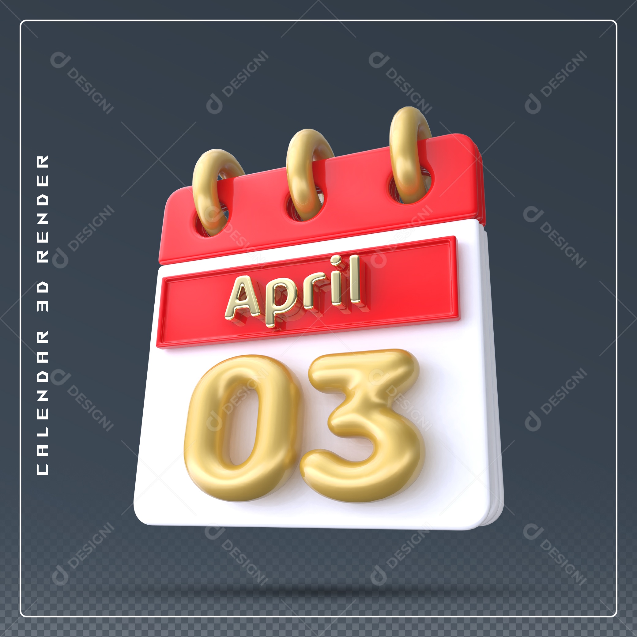Calendário Do mês Abril Dia 03 Elemento 3D Vermelho Dourado e Branco Para Composição PSD