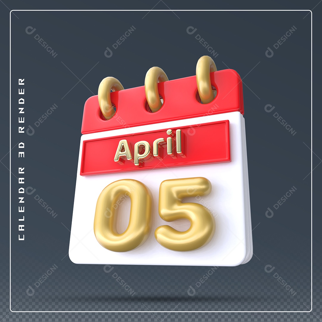 Calendário Do mês Abril Dia 05 Elemento 3D Vermelho Dourado e Branco Para Composição PSD
