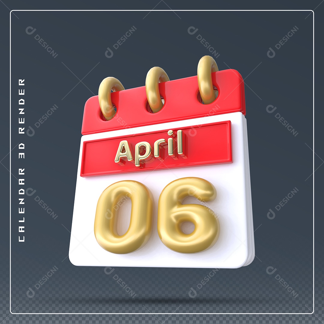 Calendário Do mês Abril Dia 06 Elemento 3D Vermelho Dourado e Branco Para Composição PSD