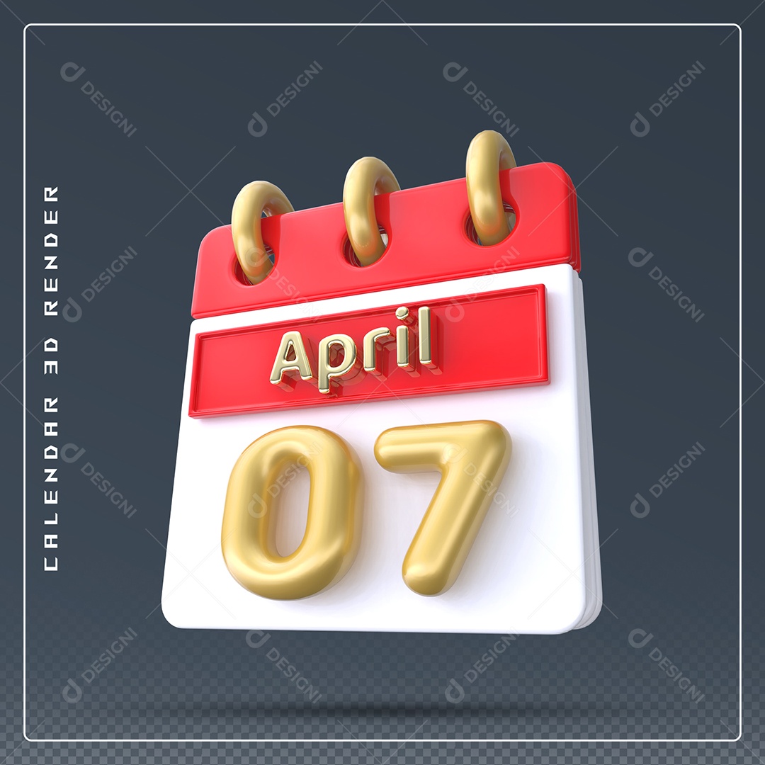 Calendário Do mês Abril Dia 07 Elemento 3D Vermelho Dourado e Branco Para Composição PSD
