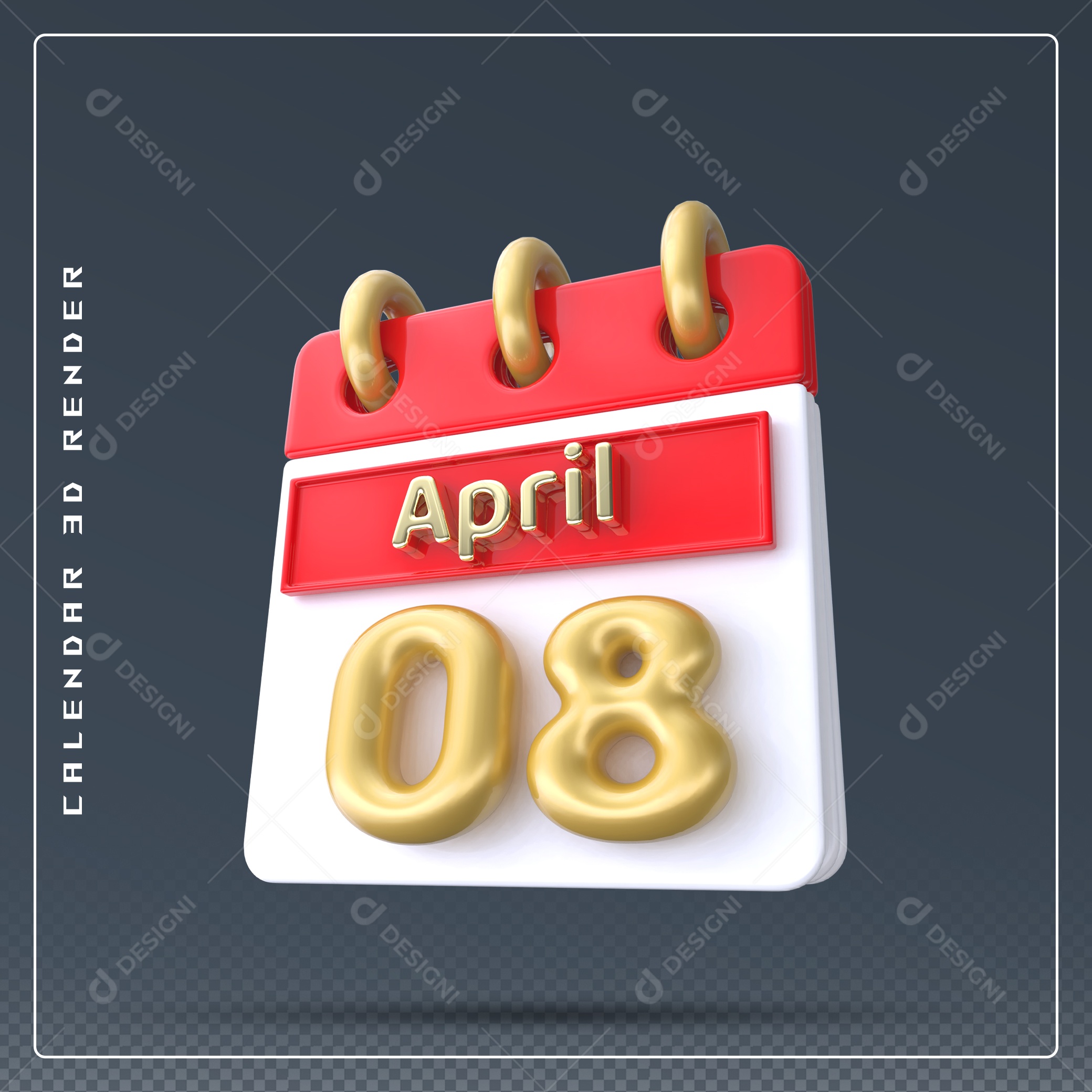Calendário Do mês Abril Dia 08 Elemento 3D Vermelho Dourado e Branco Para Composição PSD