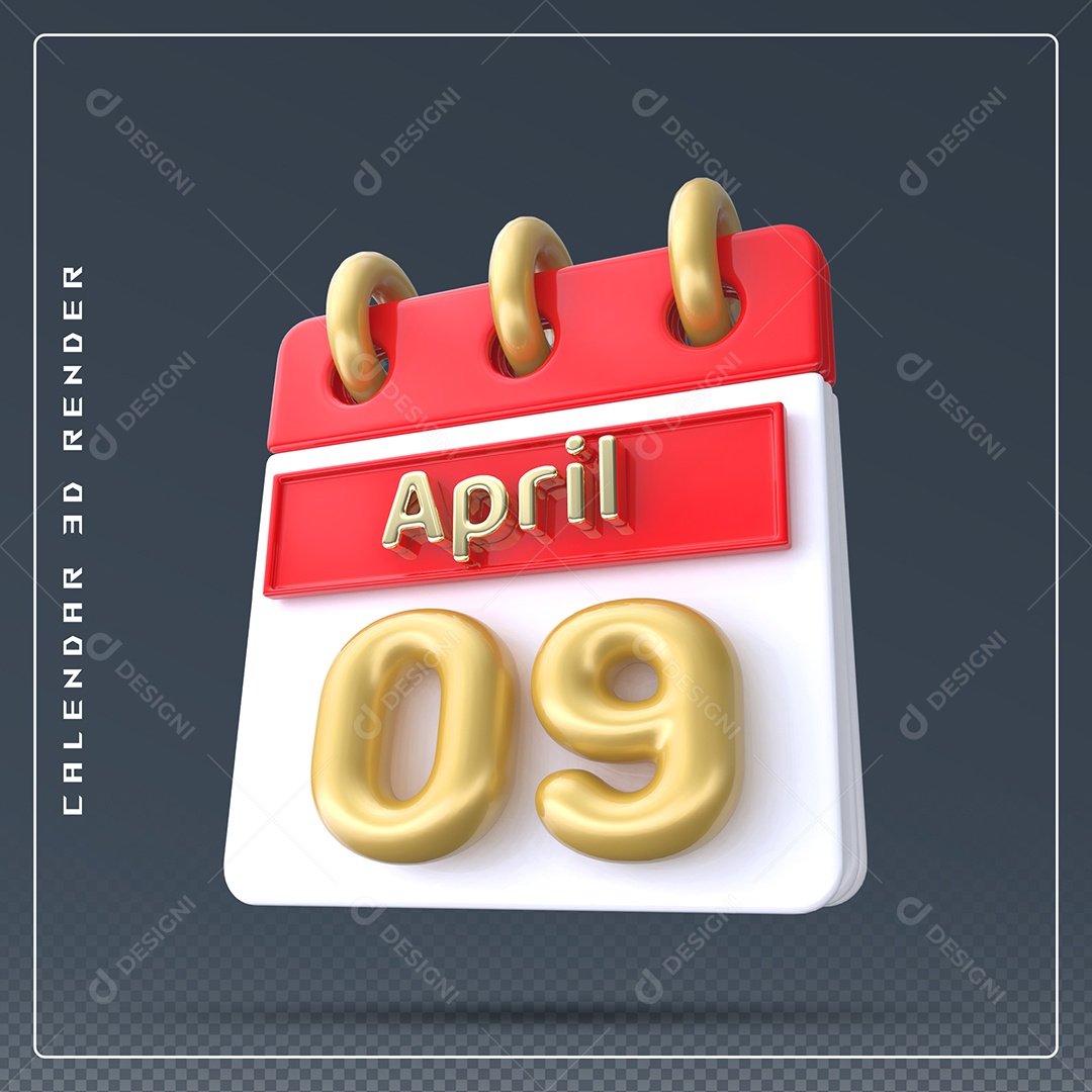 Calendário Do mês Abril Dia 09 Elemento 3D Vermelho Dourado e Branco Para Composição PSD