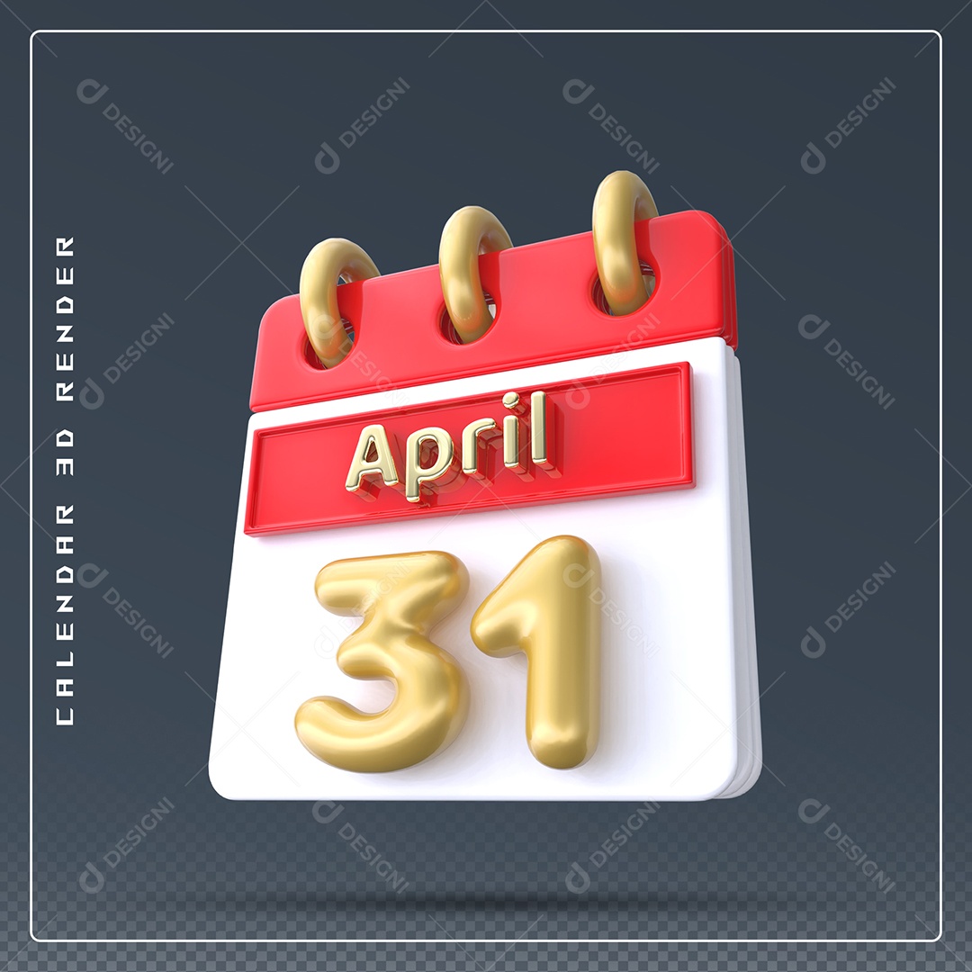 Calendário Do mês Abril Dia 31 Elemento 3D Vermelho Dourado e Branco Para Composição PSD