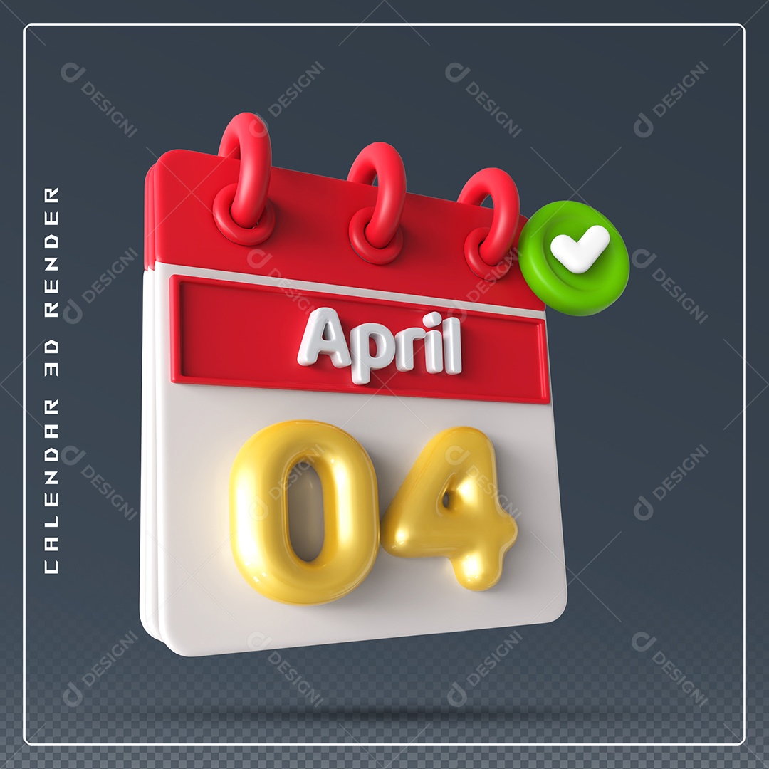 Calendário Do mês Abril Dia 04 Elemento 3D Vermelho Dourado e Branco Para Composição PSD