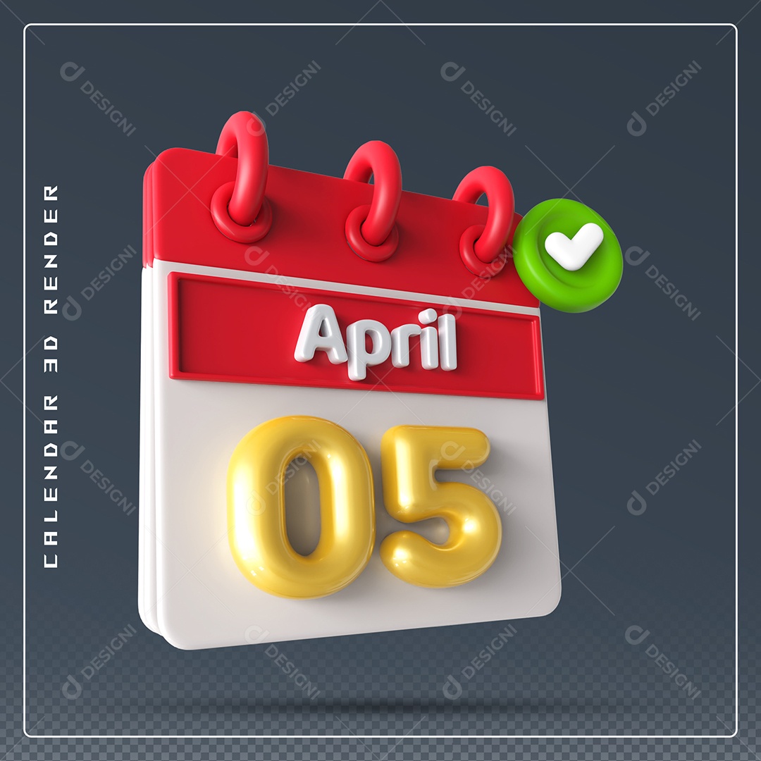 Calendário Do mês Abril Dia 05 Elemento 3D Vermelho Dourado e Branco Para Composição PSD