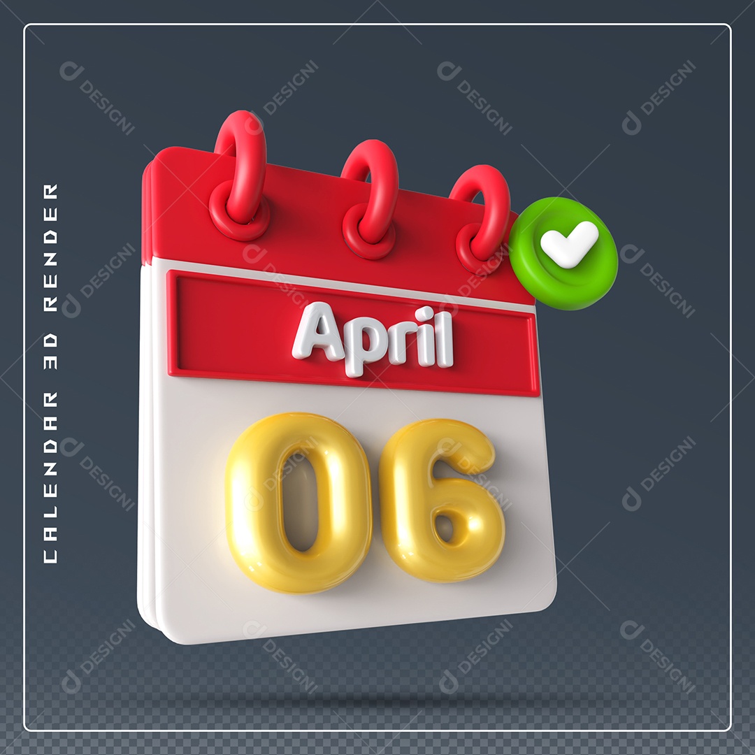 Calendário Do mês Abril Dia 06 Elemento 3D Vermelho Dourado e Branco Para Composição PSD