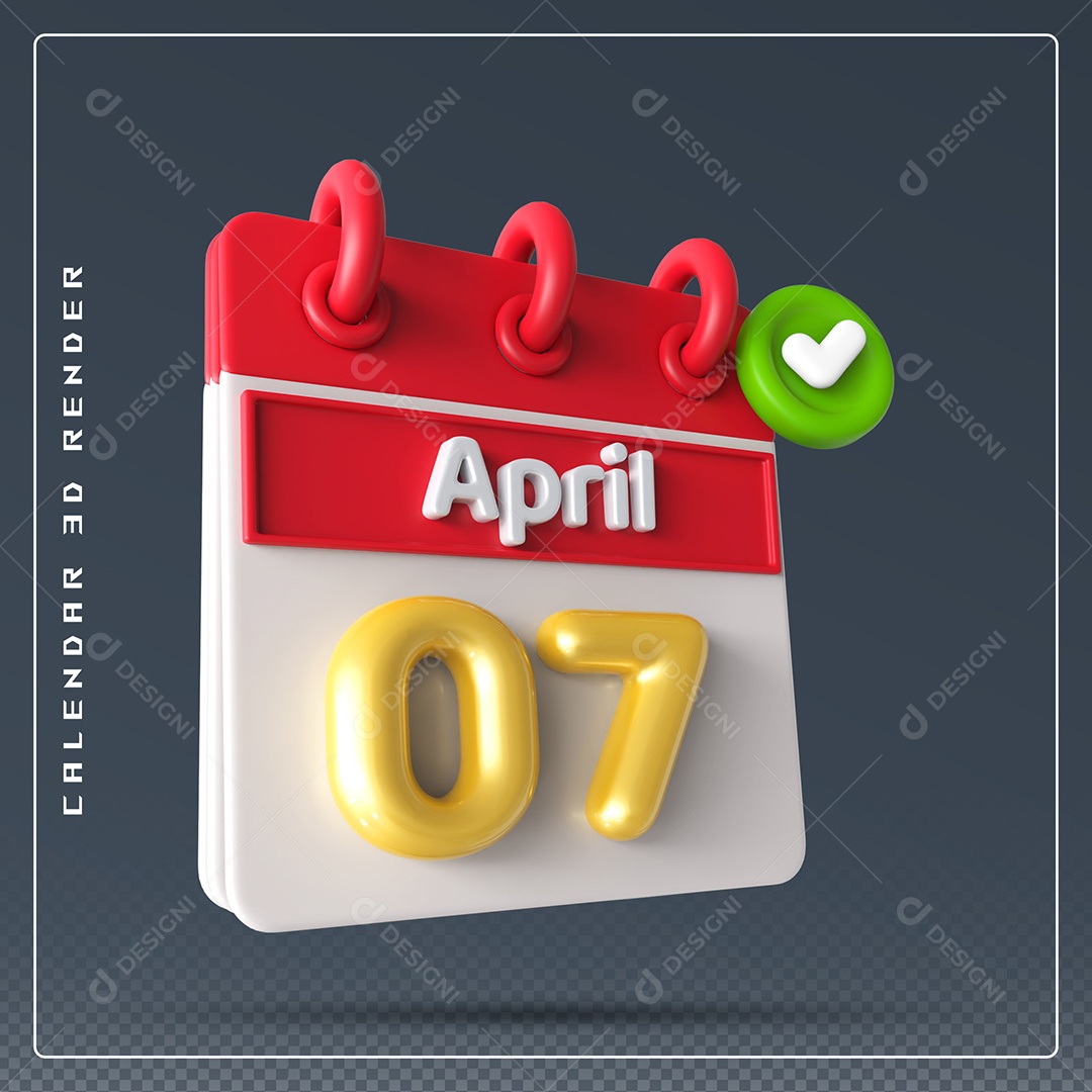 Calendário Do mês Abril Dia 07 Elemento 3D Vermelho Dourado e Branco Para Composição PSD