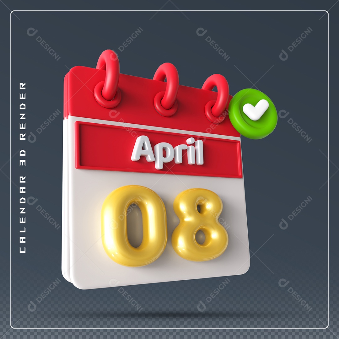 Calendário Do mês Abril Dia 08 Elemento 3D Vermelho Dourado e Branco Para Composição PSD