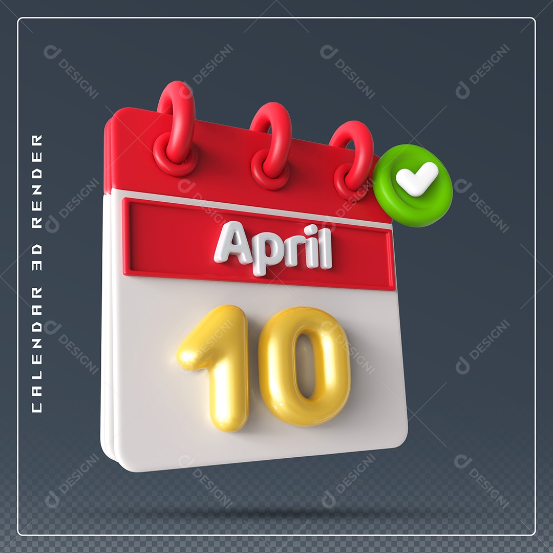 Calendário Do mês Abril Dia 10 Elemento 3D Vermelho Dourado e Branco Para Composição PSD