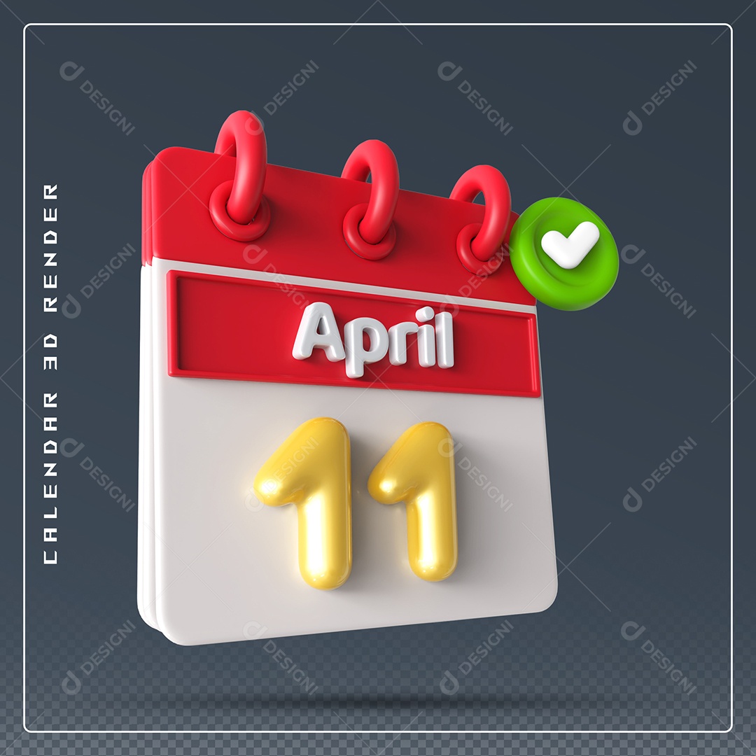 Calendário Do mês Abril Dia 11 Elemento 3D Vermelho Dourado e Branco Para Composição PSD