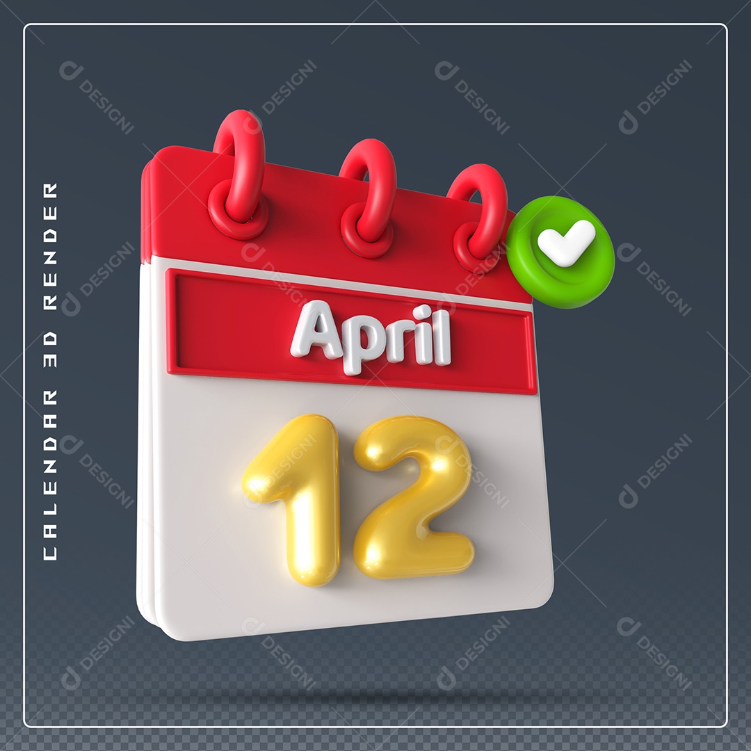 Calendário Do mês Abril Dia 12 Elemento 3D Vermelho Dourado e Branco Para Composição PSD