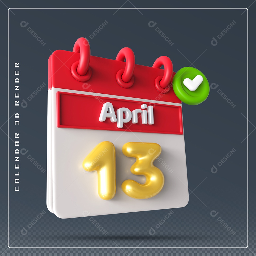 Calendário Do mês Abril Dia 13 Elemento 3D Vermelho Dourado e Branco Para Composição PSD