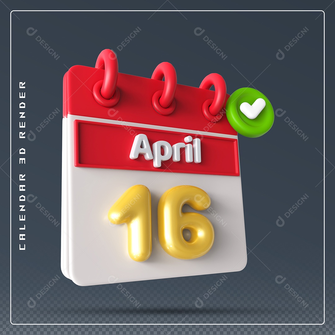 Calendário Do mês Abril Dia 16 Elemento 3D Vermelho Dourado e Branco Para Composição PSD
