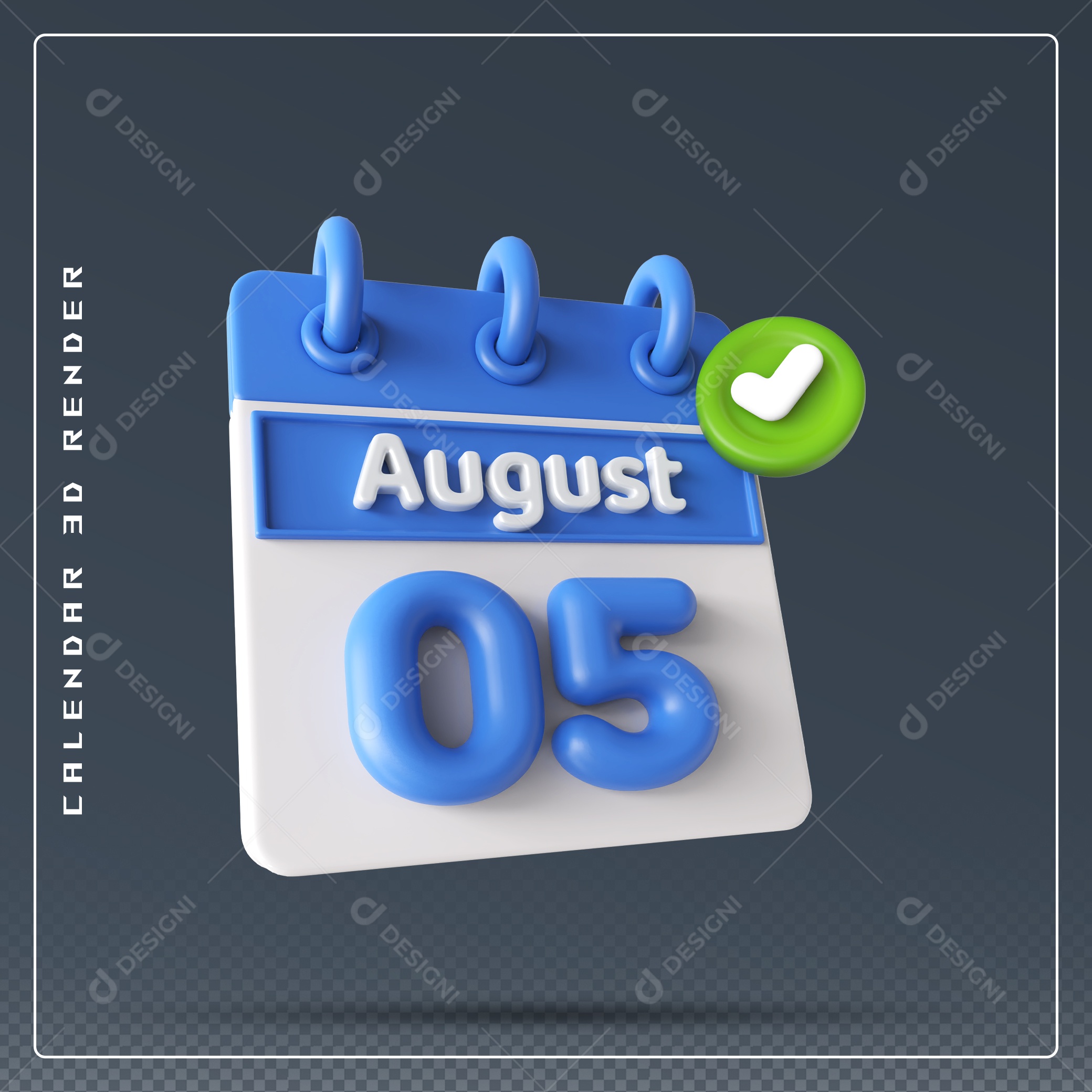 Calendário Do mês Agosto Dia 05 Elemento 3D Azul e Branco Para Composição PSD