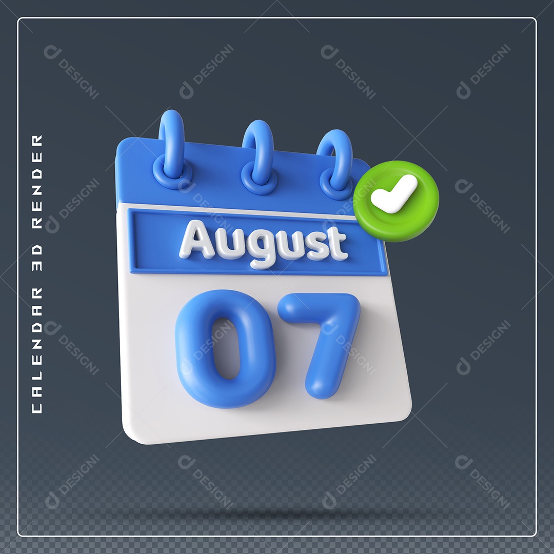 Calendário Do mês Agosto Dia 07 Elemento 3D Azul e Branco Para Composição PSD