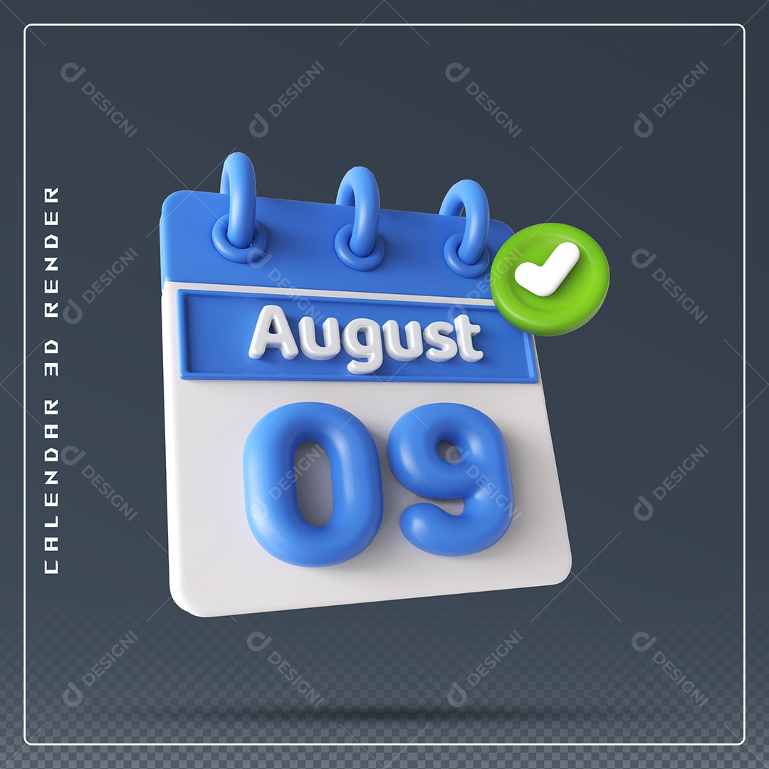 Calendário Do mês Agosto Dia 09 Elemento 3D Azul e Branco Para Composição PSD