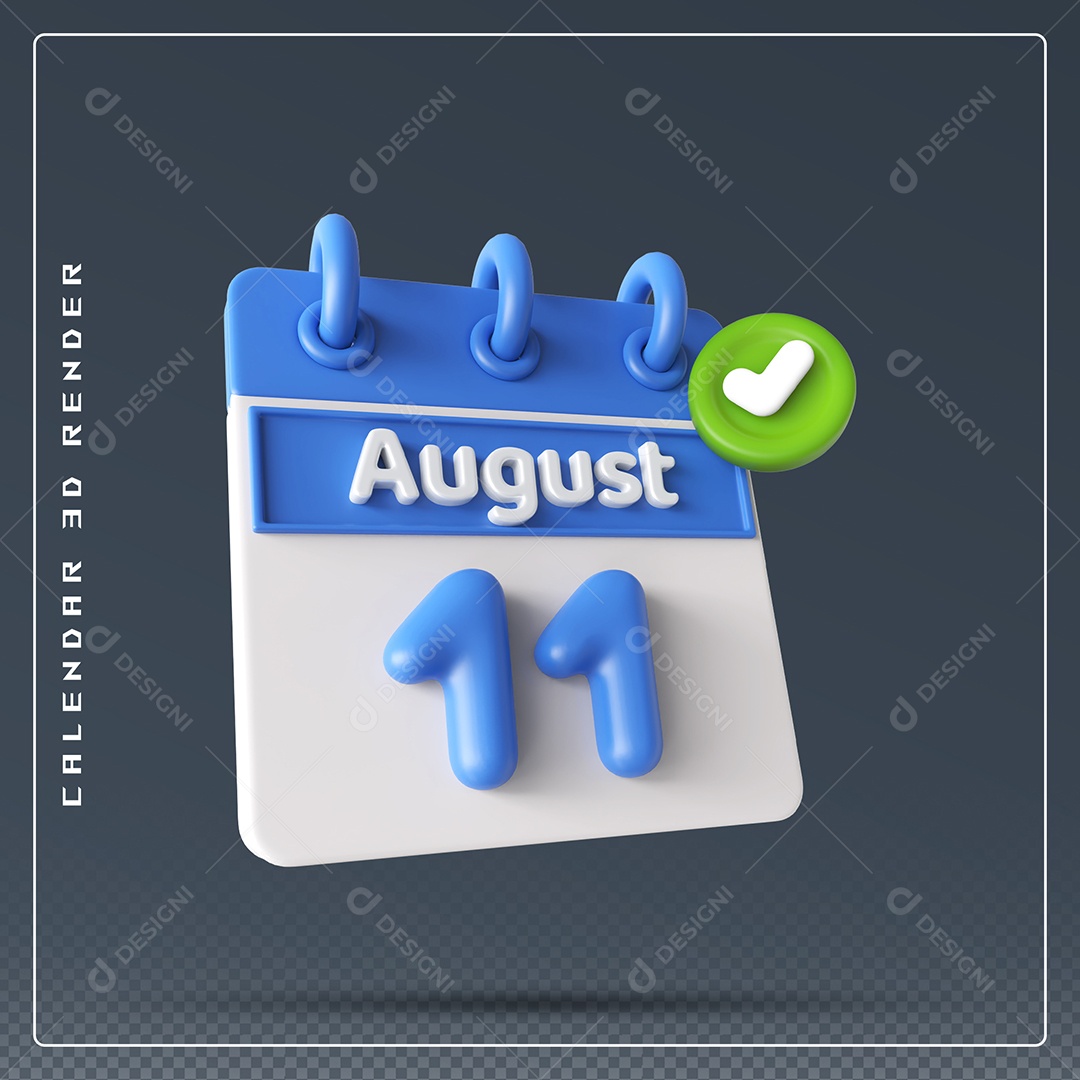 Calendário Do mês Agosto Dia 11 Elemento 3D Azul e Branco Para Composição PSD