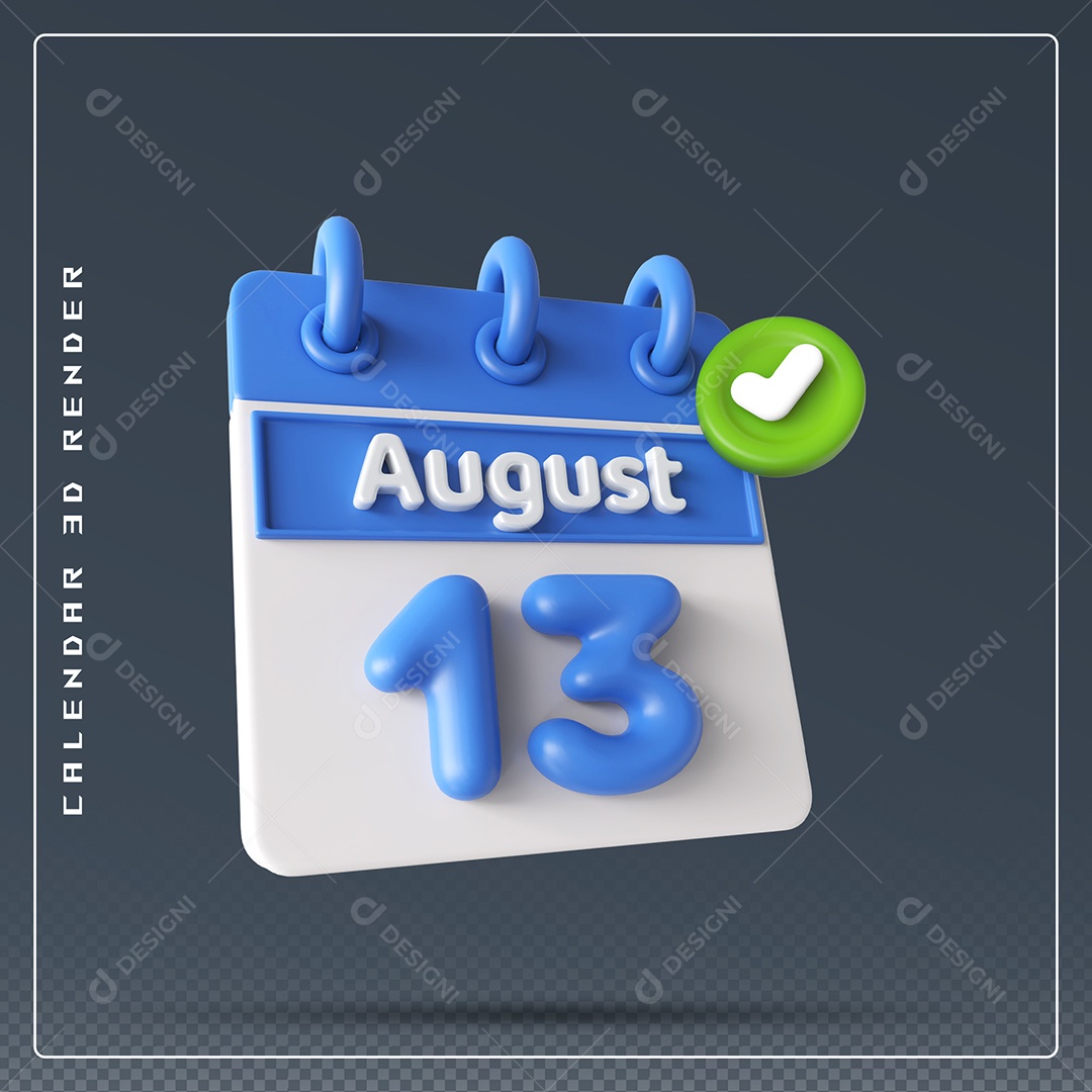 Calendário Do mês Agosto Dia 13 Elemento 3D Azul e Branco Para Composição PSD