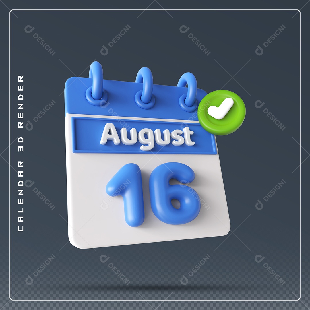 Calendário Do mês Agosto Dia 16 Elemento 3D Azul e Branco Para Composição PSD