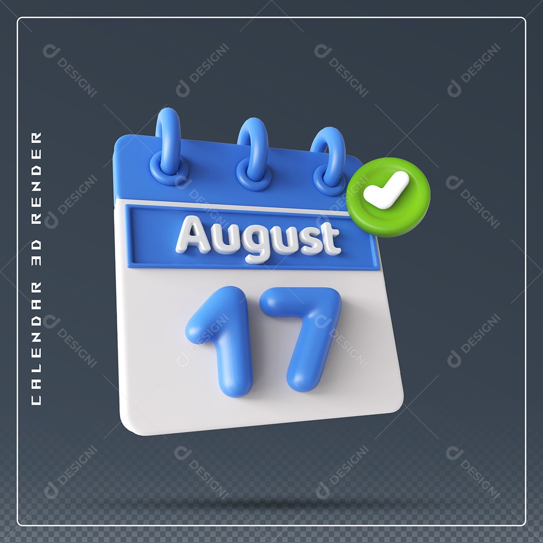 Calendário Do mês Agosto Dia 12 Elemento 3D Azul e Branco Para Composição PSD