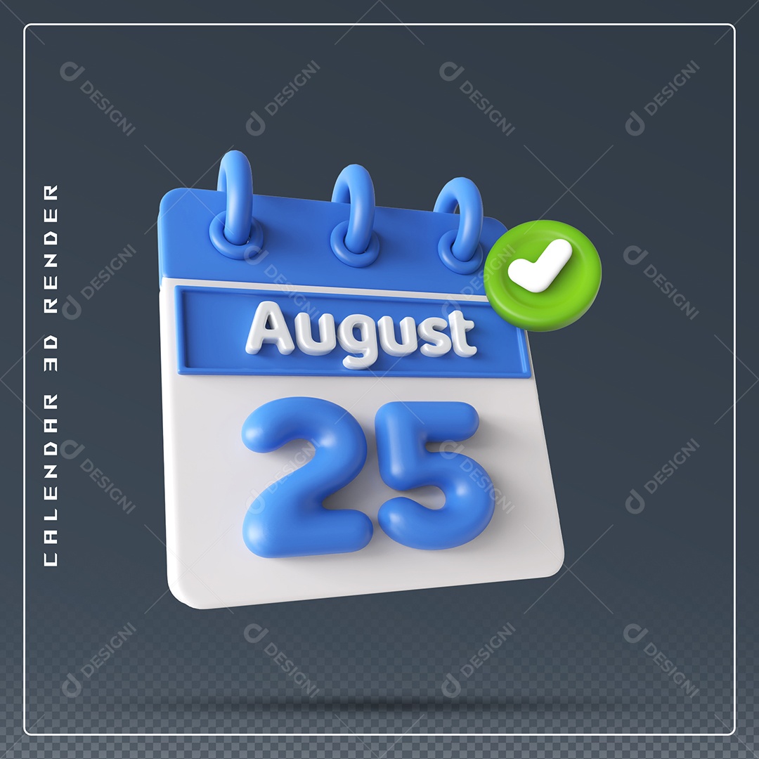 Calendário Do mês Agosto Dia 25 Elemento 3D Azul e Branco Para Composição PSD