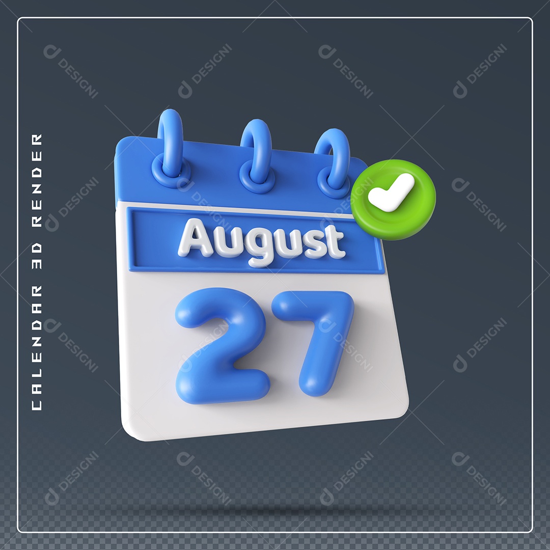 Calendário Do mês Agosto Dia 27 Elemento 3D Azul e Branco Para Composição PSD