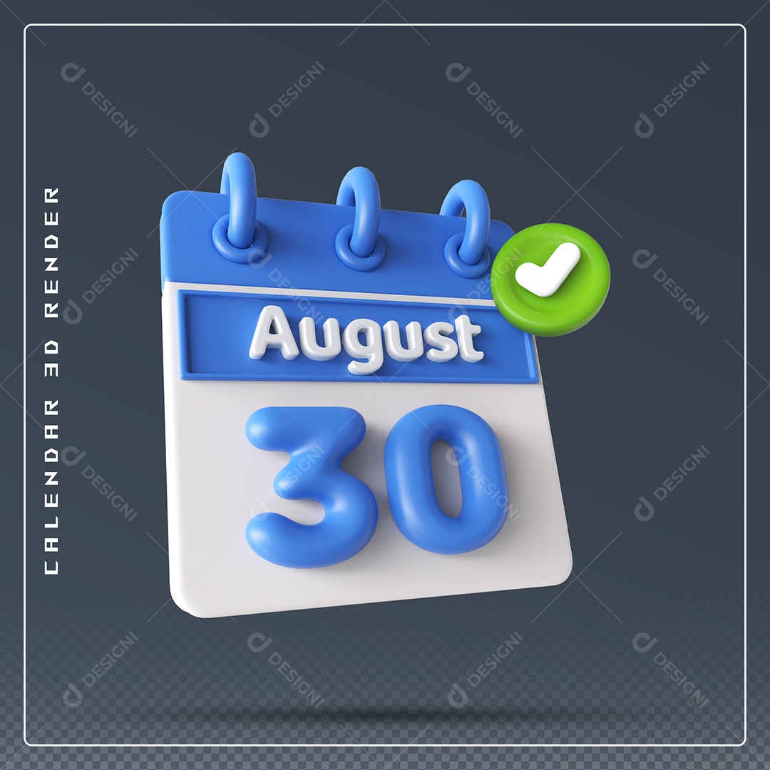 Calendário Do mês Agosto Dia 30 Elemento 3D Azul e Branco Para Composição PSD