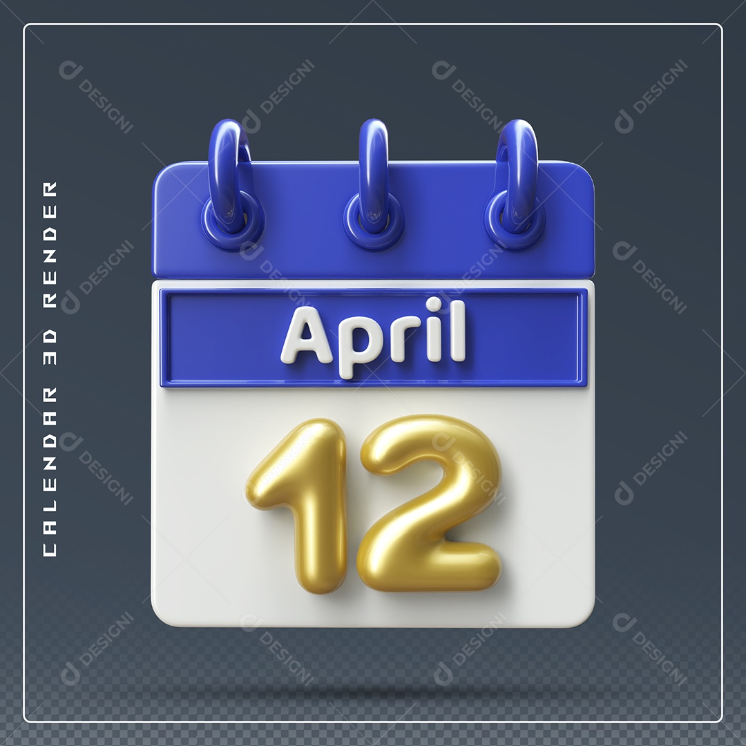 Calendário Do mês Abril Dia 12 Elemento 3D Azul Dourado e Branco Para Composição PSD