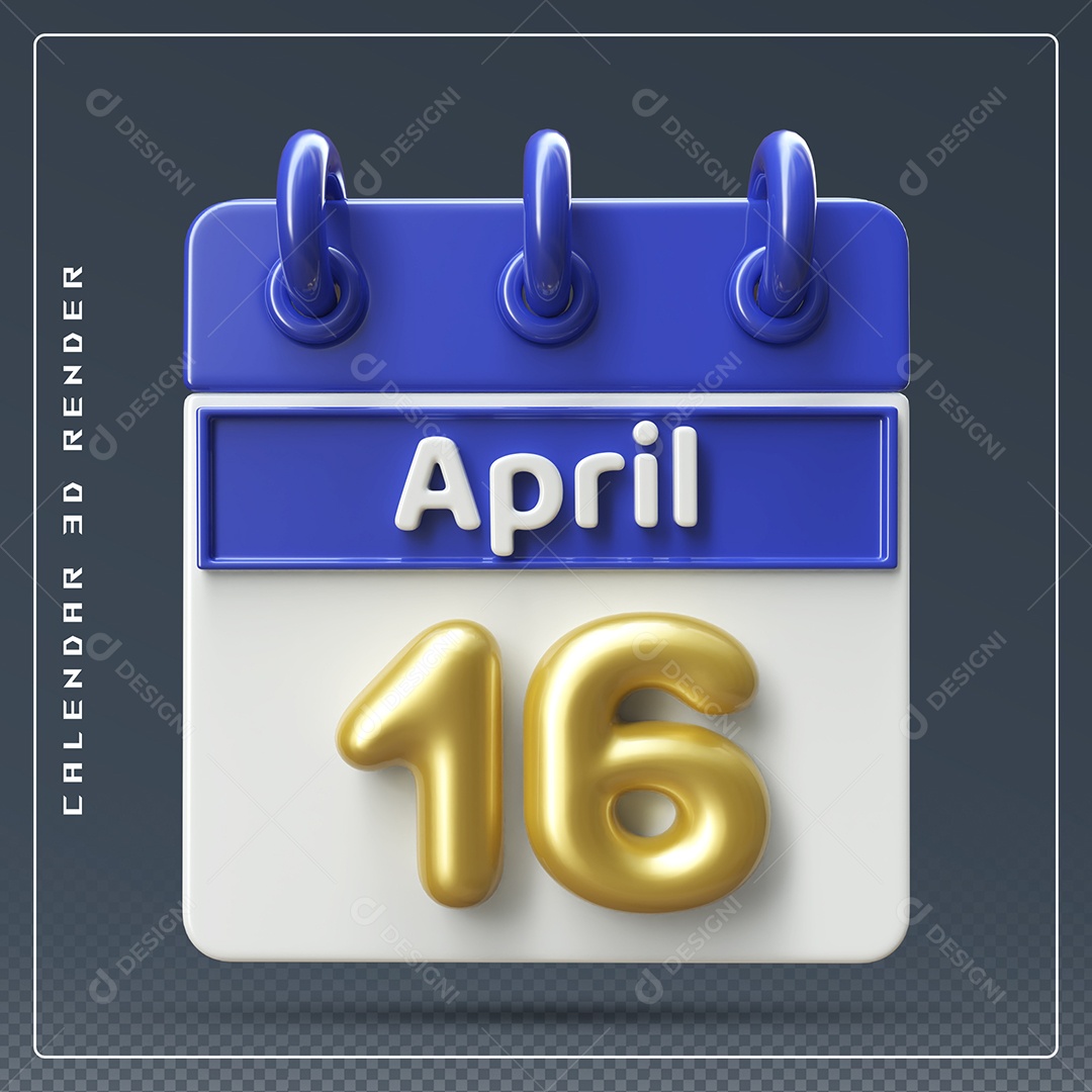 Calendário Do mês Abril Dia 16 Elemento 3D Azul Dourado e Branco Para Composição PSD