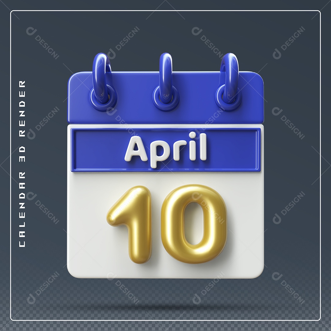 Calendário Do mês Abril Dia 10 Elemento 3D Azul Dourado e Branco Para Composição PSD