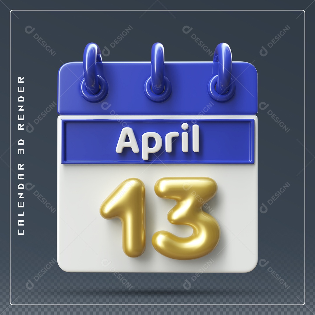 Calendário Do mês Abril Dia 13 Elemento 3D Azul Dourado e Branco Para Composição PSD