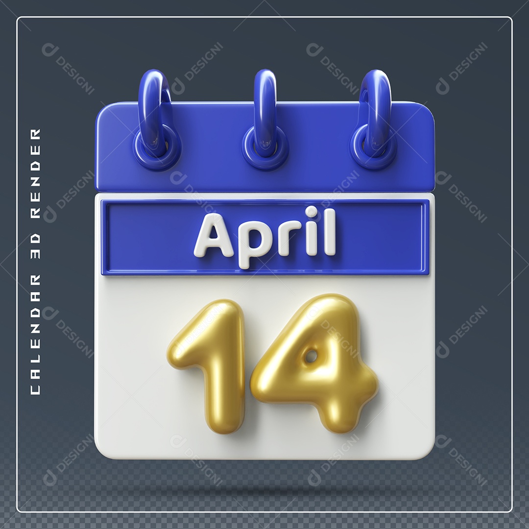Calendário Do mês Abril Dia 14 Elemento 3D Azul Dourado e Branco Para Composição PSD