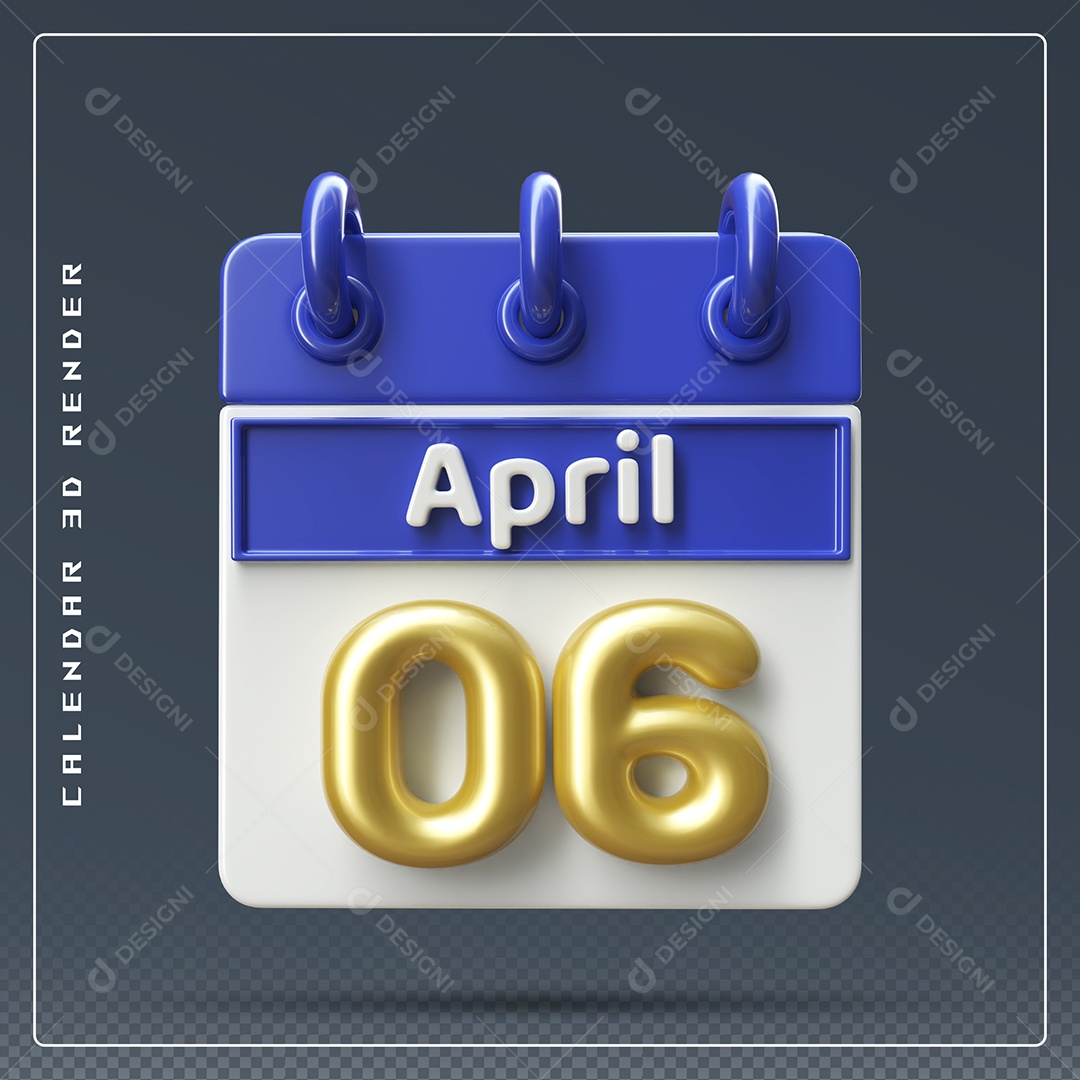 Calendário Do mês Abril Dia 06 Elemento 3D Azul Dourado e Branco Para Composição PSD