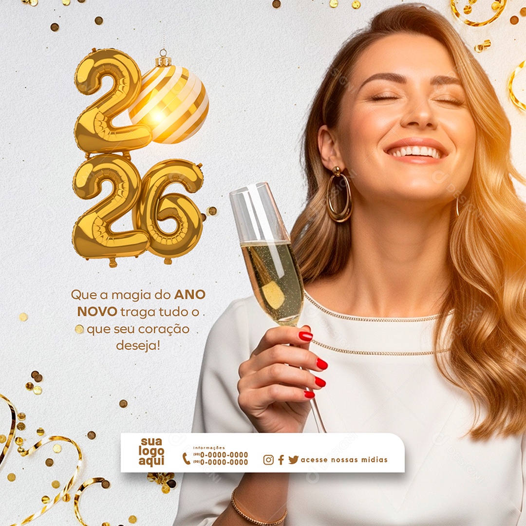Feliz Ano Novo que a Magia do Ano Novo Traga Tudo Social Media PSD Editável