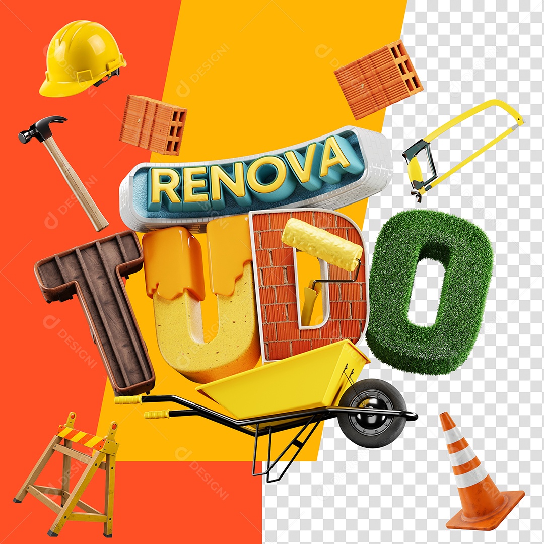 Escrito Promocional Renova Tudo em Estilo 3D com Elementos de Construção PSD