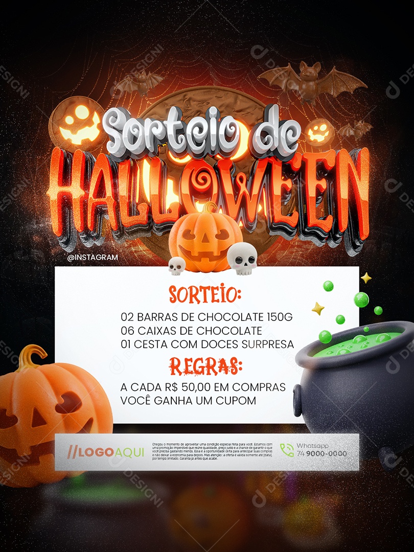 Sorteio de Halloween Doceria Cada Cinquenta em Compras Você Ganha um Cupom Social Media PSD Editável