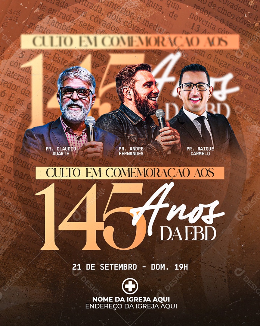 Flyer Gospel para Divulgação de Culto Comemorativo de 145 Anos da Igreja IADB PSD Editável