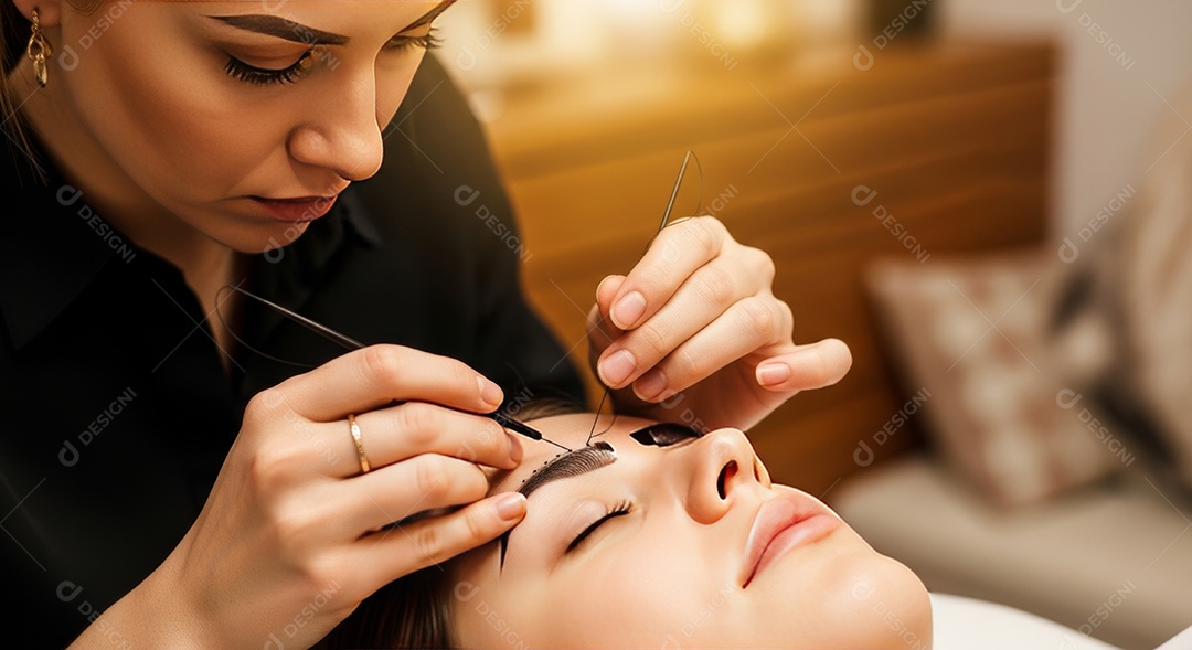 Lindas mulheres em procedimento de beleza comum para sobrancelhas.